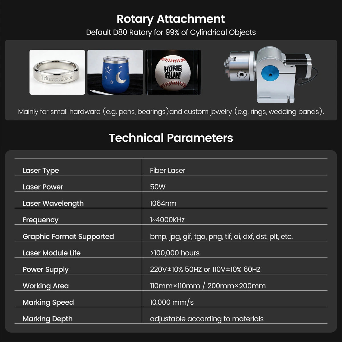 Triumph 50W Fiber Laser Marking Machine with Rotary D80